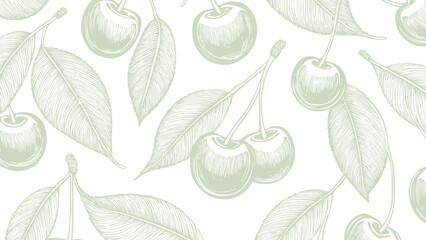 Vintage drawing cherry sketch outdoors pattern. calligraphy style green pattern on white background, sketch style