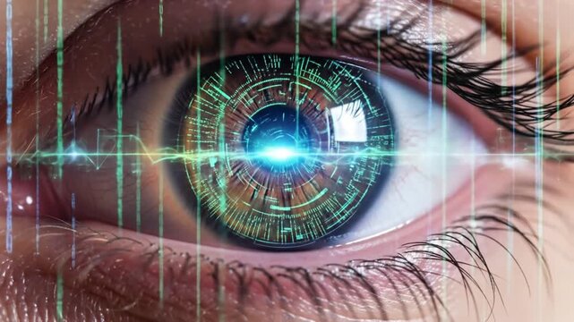 Futuristic eye scans data streams and digital interfaces, showcasing advanced technology and AI integration for cybersecurity and virtual reality. - Powered by Adobe