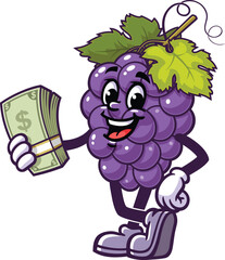 Cartoon mascot of grapes holding cash