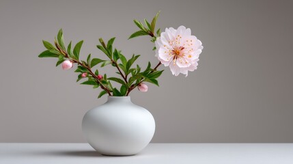 Delicate pink cherry blossom branches in a minimalist white vase.