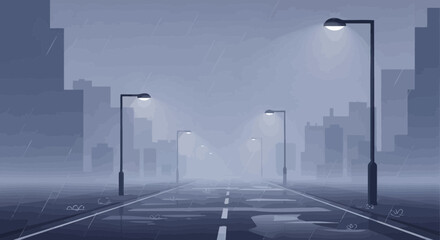 Gloomy urban landscape depicting a rainy city street at night illuminated by streetlights creating an atmospheric and slightly melancholic scene