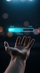 A person pointing to loading bar transitioning from 2025 to 2026, progress, future planning, and new year goals. Progress and transition from 2025 to 2026 concept. annual planning and business growth