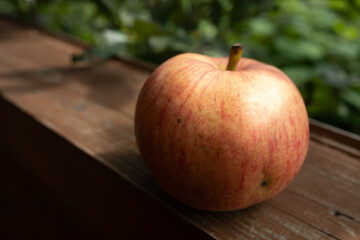 Ripe red apple on a wooden terrace in the garden. Still life with red apple.