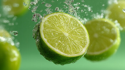 緑背景のカットしたライム 新鮮さを水しぶきで演出