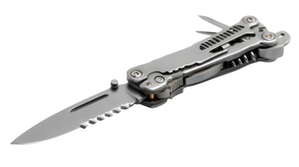 Multitool knife open with visible attachments, isolated on white background