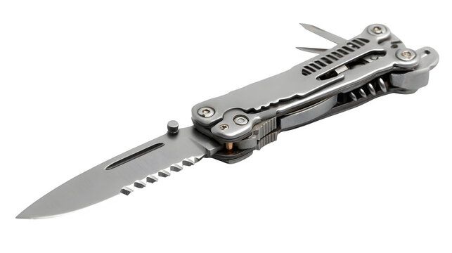 Multitool knife open with visible attachments, isolated on white background