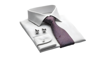 Neatly folded formal shirt with a tie and cufflinks, isolated on transparent background