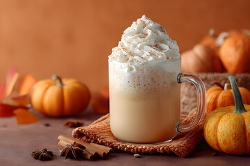 Seasonal pumpkin spice latte on orange background.