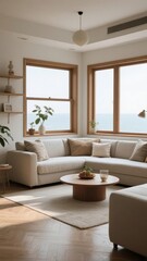 Modern living room with large windows overlooking the sea, featuring a cozy sectional sofa and minimalist decor.