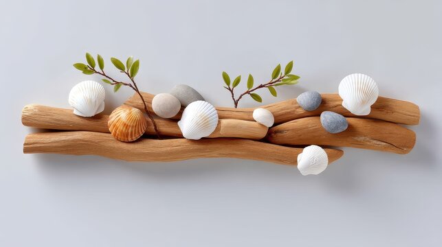 Natural arrangement of seashells and driftwood with green leaves on a light surface.