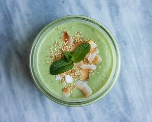 Refreshing green gazpacho soup with shrimp and mint garnish
