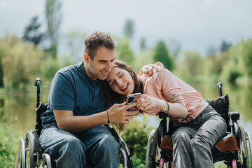 A heartwarming scene featuring two people in wheelchairs enjoying quality time together outdoors,...