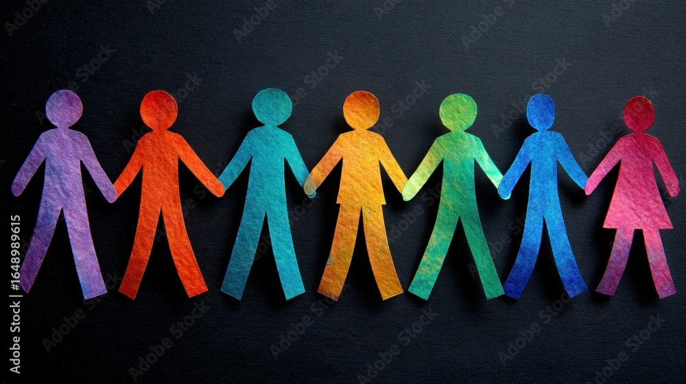 Poster colorful paper cutout figures holding hands in a line against a dark background for unity and divers