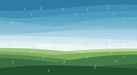 Obraz premium Green Fields Under Shifting Sky With Rainy Weather Vector Illustration