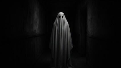 Eerie ghost haunting dark hallway.