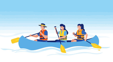 Group Of Friends Enjoying Canoeing On The Lake During Summer Vacation