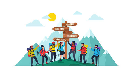 Group Of Hikers Achieving Milestone On Scenic Mountain Trail Adventure