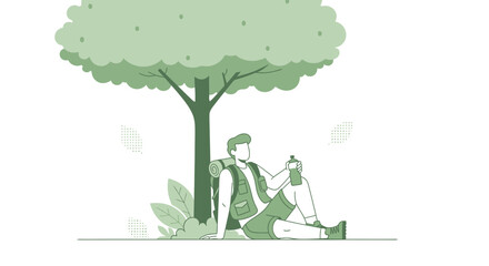 Hiker Resting Under Tree With Backpack And Water Bottle In Nature