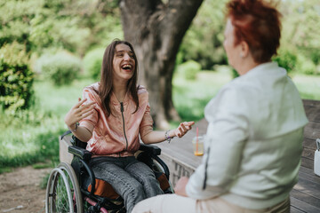 A young woman in a wheelchair smiling while having a meaningful conversation with another woman...