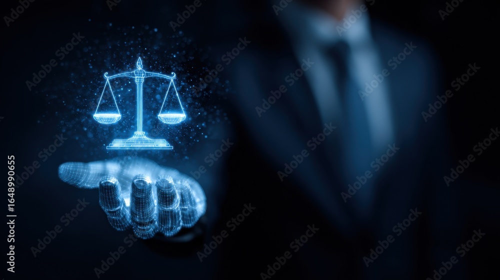 Poster futuristic digital display of a glowing balance scale symbolizing justice and fairness in a dark set