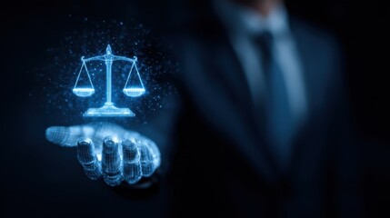 Futuristic digital display of a glowing balance scale symbolizing justice and fairness in a dark setting