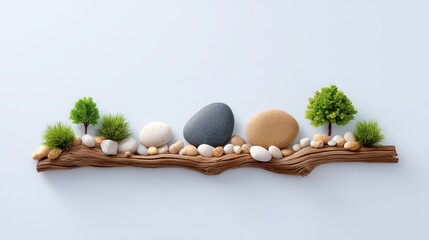 Tranquil arrangement of stones, wood, and greenery for a serene natural ambiance.