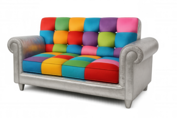 Vibrant patchwork sofa with silver frame isolated on transparent background, showcasing a modern and playful design