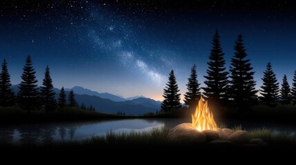 A serene bonfire illuminates a tranquil lakeside under a starlit sky.