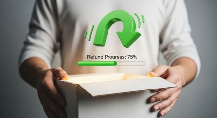 Completing an Online Refund Process Showing Progress Held by Person in a Cardboard Box Illustrating Return Concept