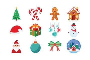 Christmas Icon Set – Santa, Elf, Tree, Hat, Lights, Reindeer, and Gift Box Illustration 