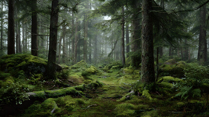 Fototapeta premium Exploring the Enchanting Tranquility of a Damp Mossy Forest: A Journey Into the Heart of Nature's Green Sanctuary