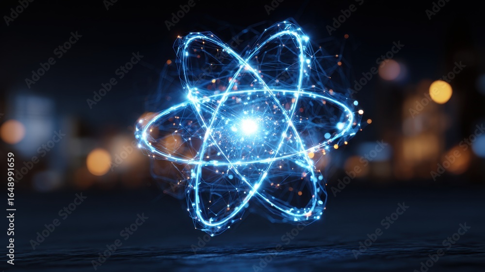 Poster futuristic digital rendering of an atom model with glowing electrons orbiting a central nucleus in a