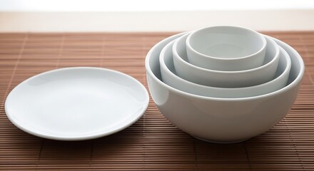 Stacked White Bowls and Plate on Bamboo Placemat