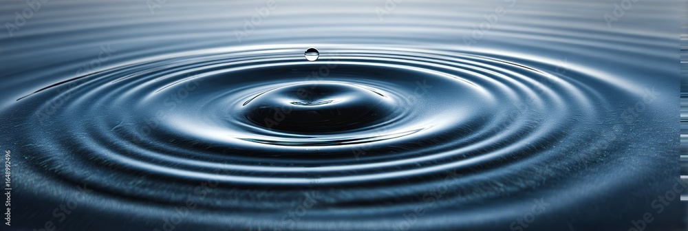 Poster water drop impact creating perfectly symmetrical ripples and circular patterns on a calm surface
