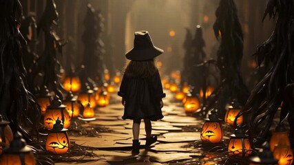 Child standing in dim enchanted pathway surrounded by glowing lanterns and twisted trees. Mysterious setting evokes a sense of adventure and intrigue. Concept of Halloween, storytelling, fantasy