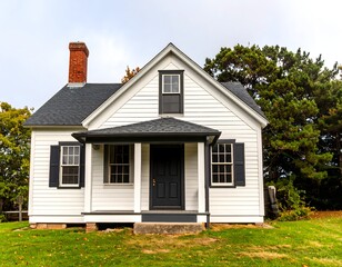 A classic small white house with black shutters and a grey roof, nestled in a green lawn with trees in the background, exuding a charming, traditional American aesthetic.