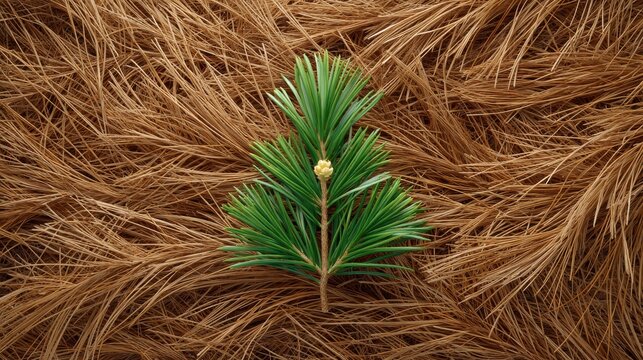 A vibrant green pine branch atop a bed of brown pine needles.