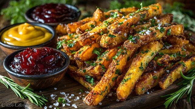 Pile of Golden French Fries with Zigzag Drizzle and Dipping Sauces - Rustic Style