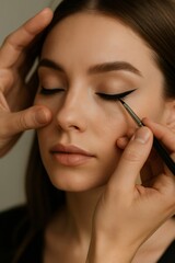 Professional makeup artist carefully drawing precise eyeliner wing, highlighting model's elegant eye makeup and facial features