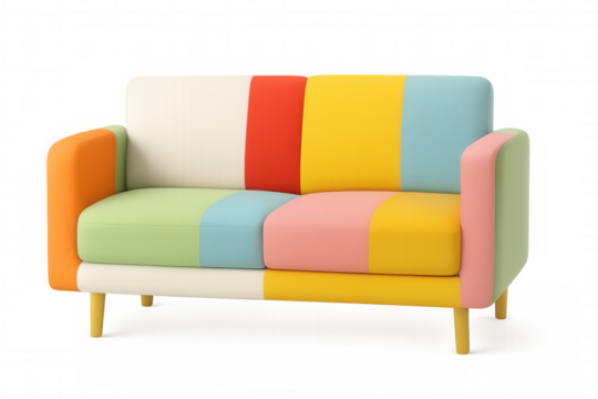 Colorful patchwork two-seater sofa featuring eclectic fabric pattern, contemporary styling sitting against clean transparent backdrop