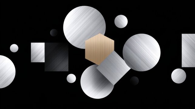 Abstract composition of metallic shapes on a dark background.