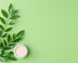 Green leaves frame a compact powder against a light green backdrop, suggestive of natural beauty or skincare