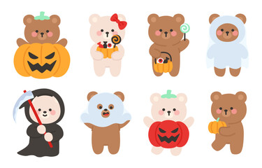 Fototapeta premium Playful Halloween Bear Costumes Featuring Pumpkins and Spooky Characters
