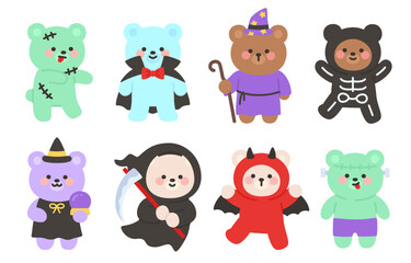 Colorful Halloween Bear Drawings Wearing Playful Spooky Outfits