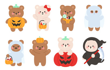 Sweet Halloween Bear Characters with Pumpkins and Festive Outfits