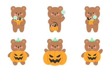 Halloween Brown Bear Characters with Pumpkins and Lollipops