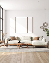 Fototapeta premium Modern Living Room Poster Frame Mockup with Natural Light and Minimalist Decoration. 3D render.living, render, three-dimensional, contemporary, furniture, luxury, room, comfort, elegant, home, 