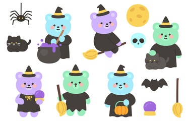 Halloween Witch Bear Characters with Cats, Brooms and Magic Items