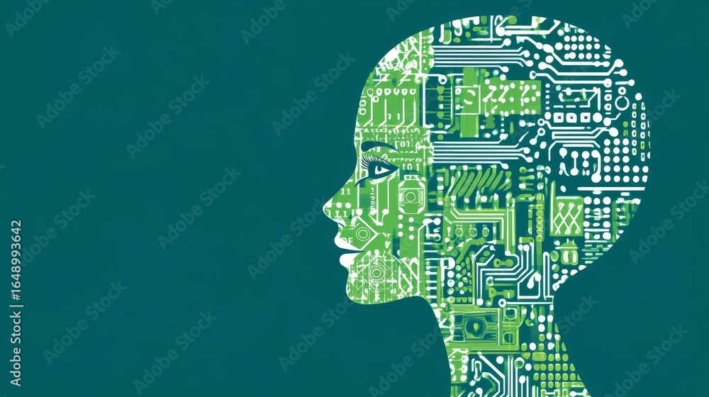 Poster circuit board neural network head showcasing innovations in ai and cognitive computing