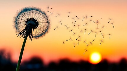 Dandelion Seed Head Silhouette Spreading Seeds into a Sunset Sky, Evoking Nature s Peaceful Essence